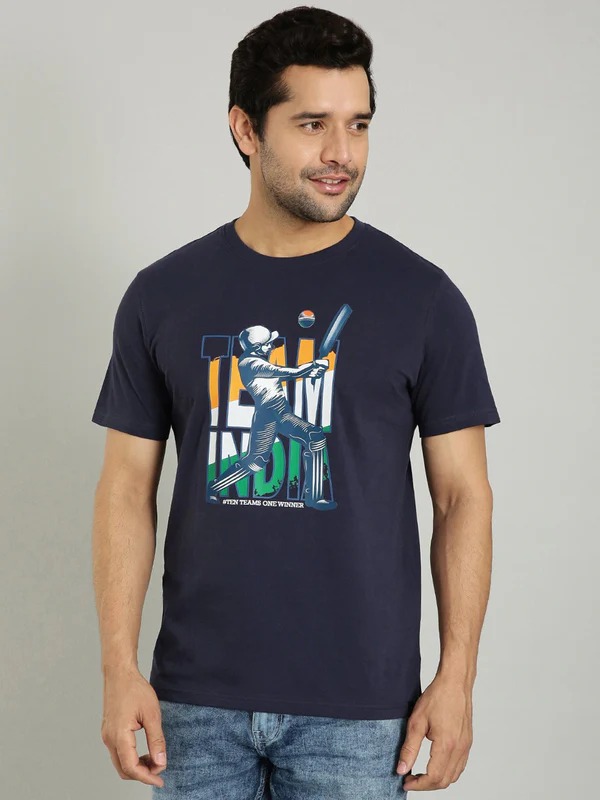 Indian Terrain Men's Half Sleeve Regular Fit Dark Blue Round Neck T-Shirt